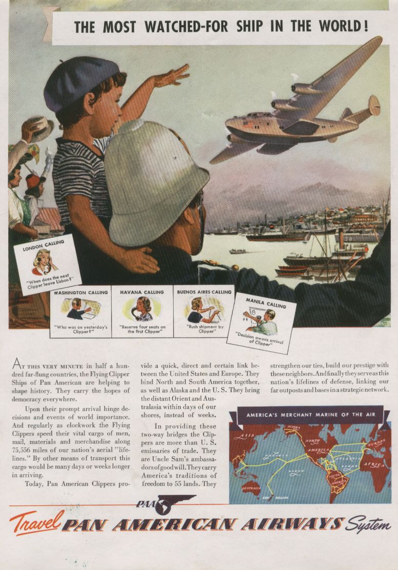 1941 An ad promoting Pan American flying boat service around the globe.